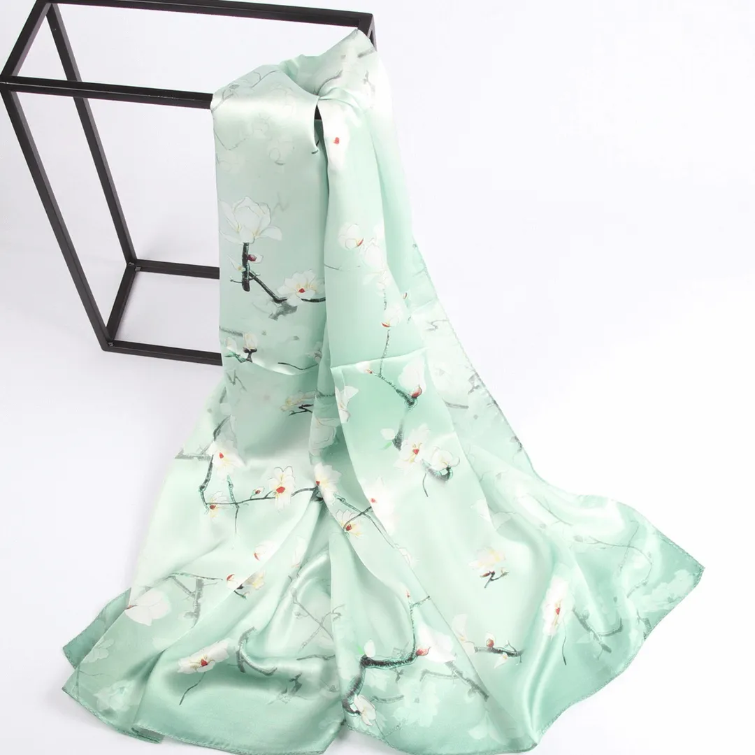 Silk Scarf Collections|Blossom Range| Magnolia Design|Green|Long Silk Scarf