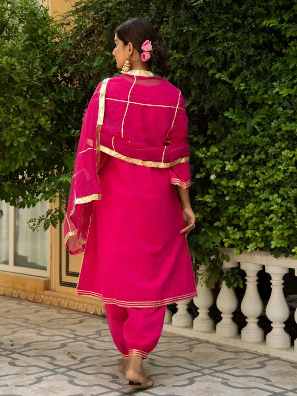 Sindoori - Fuschia Pink Cotton Gota Work Salwar Kurta Set (Set of 3)