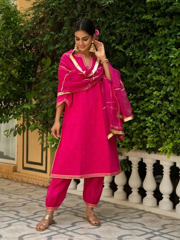 Sindoori - Fuschia Pink Cotton Gota Work Salwar Kurta Set (Set of 3)