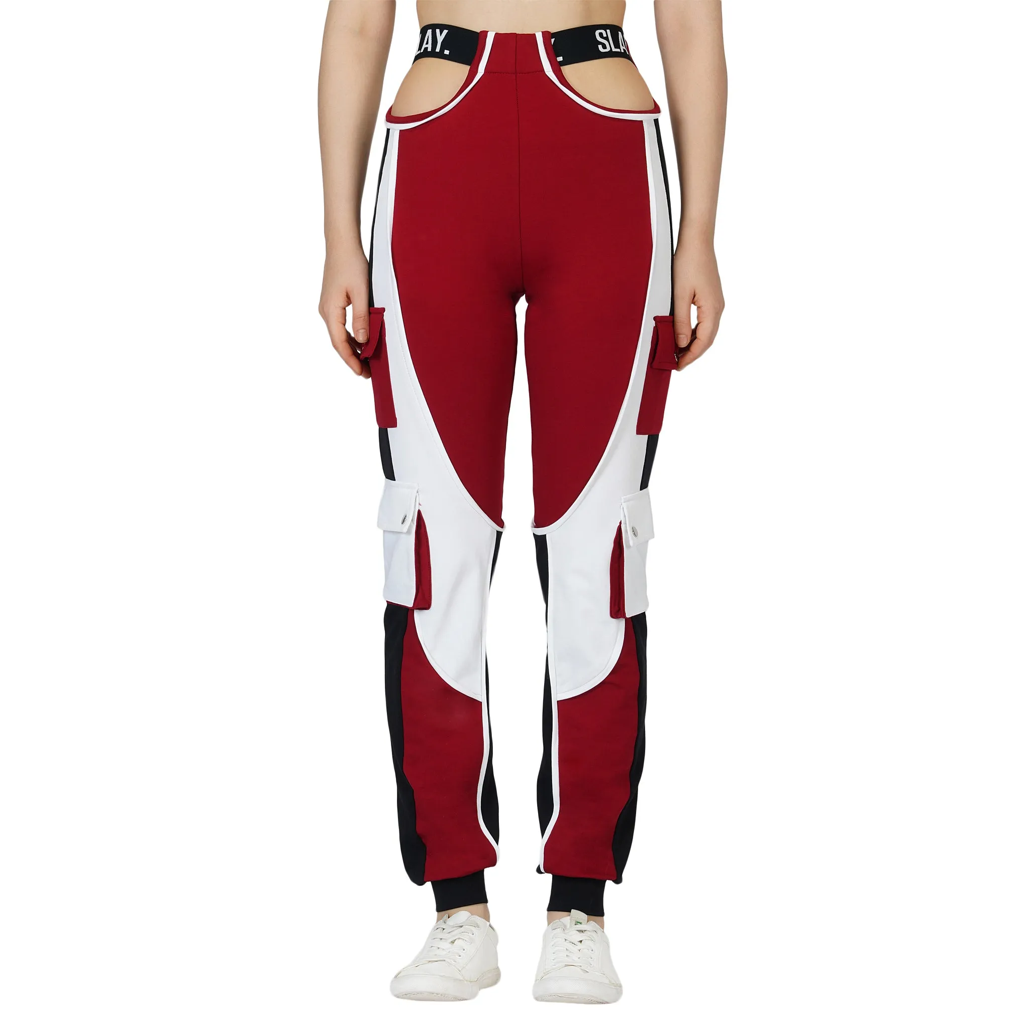 SLAY. Women's Activewear Tracksuit Red Colorblock Crop Jacket & High waist Cargo Pants Co-ord set