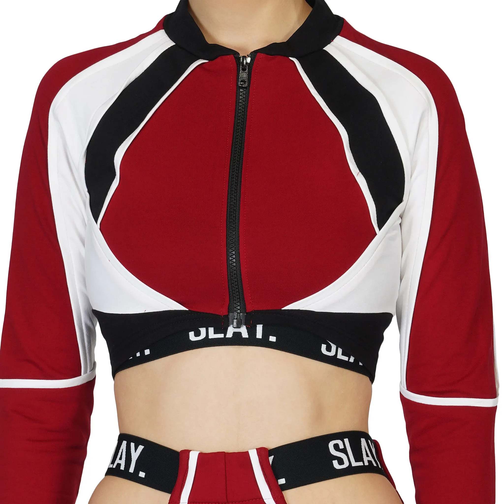 SLAY. Women's Activewear Tracksuit Red Colorblock Crop Jacket & High waist Cargo Pants Co-ord set