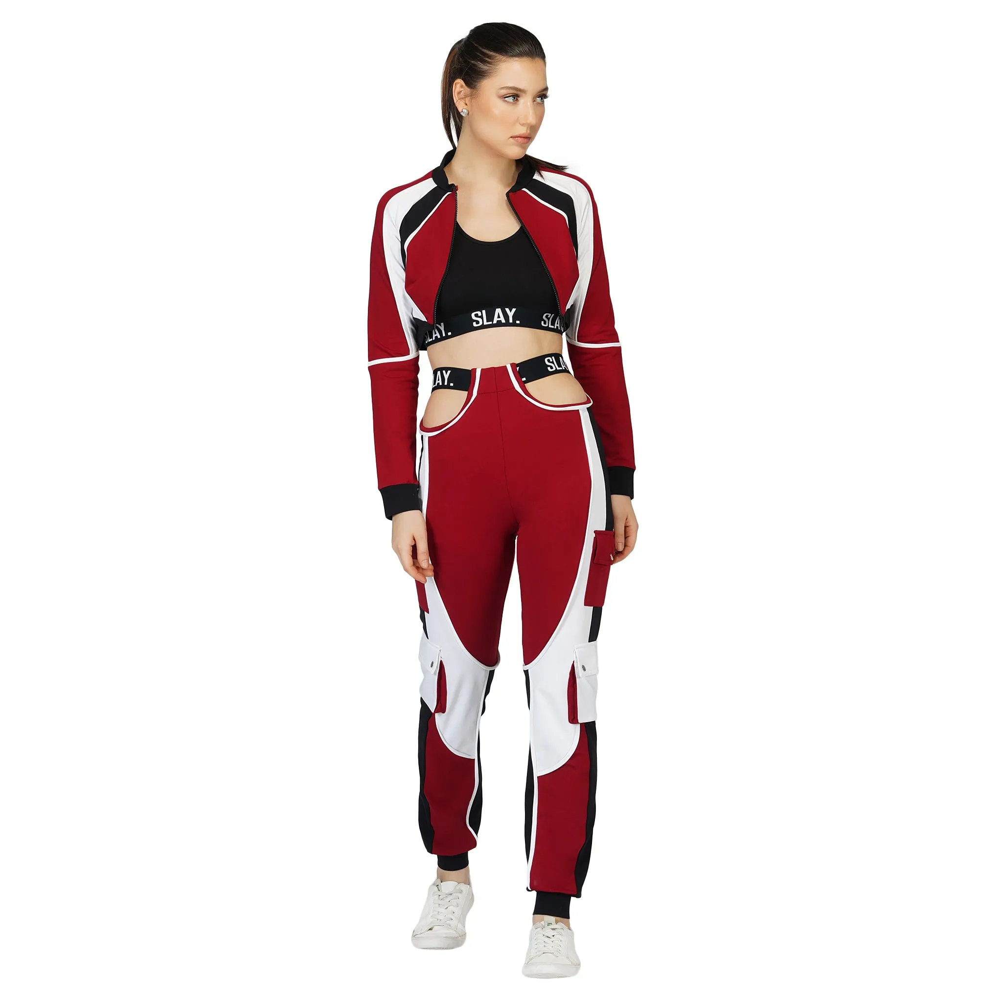 SLAY. Women's Activewear Tracksuit Red Colorblock Crop Jacket & High waist Cargo Pants Co-ord set