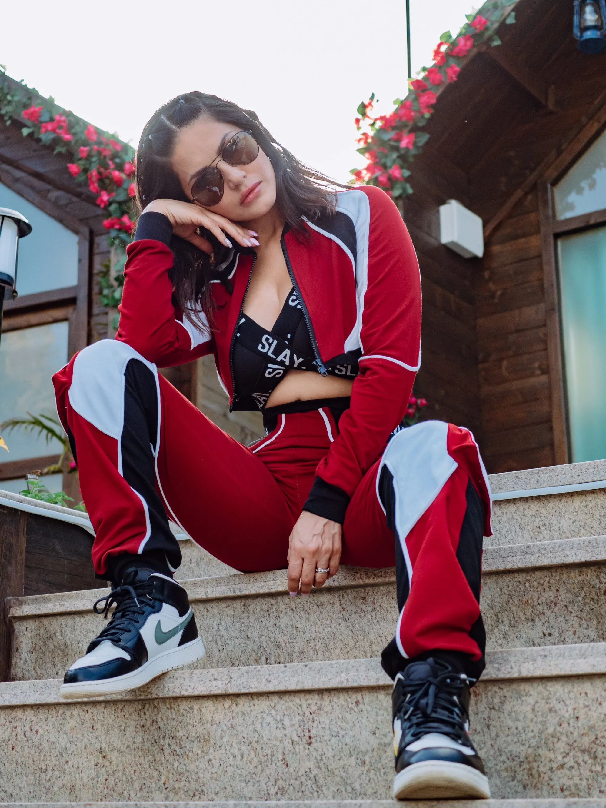 SLAY. Women's Activewear Tracksuit Red Colorblock Crop Jacket & High waist Cargo Pants Co-ord set