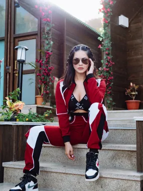 SLAY. Women's Activewear Tracksuit Red Colorblock Crop Jacket & High waist Cargo Pants Co-ord set