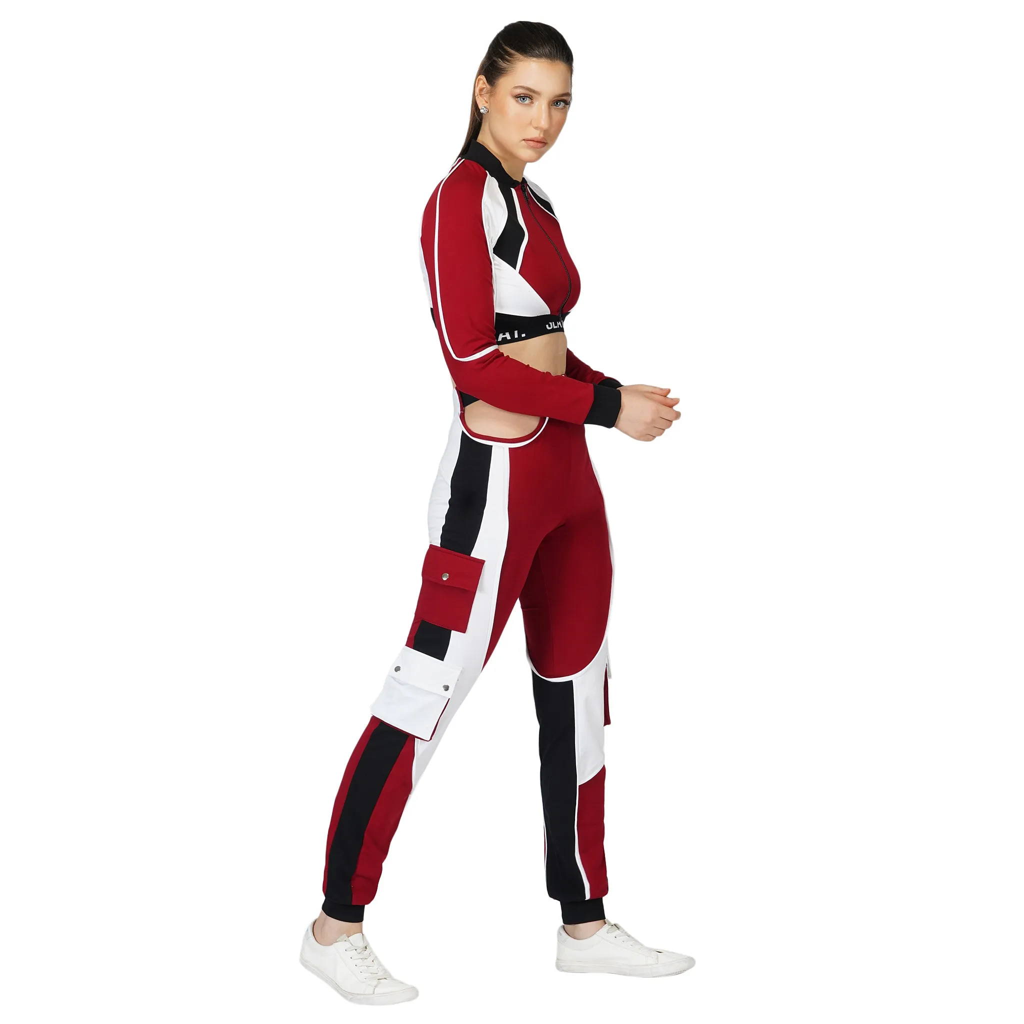 SLAY. Women's Activewear Tracksuit Red Colorblock Crop Jacket & High waist Cargo Pants Co-ord set