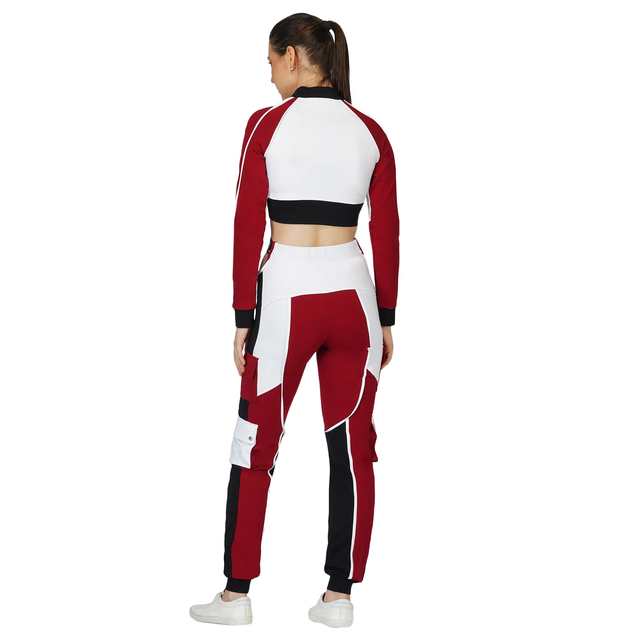 SLAY. Women's Activewear Tracksuit Red Colorblock Crop Jacket & High waist Cargo Pants Co-ord set