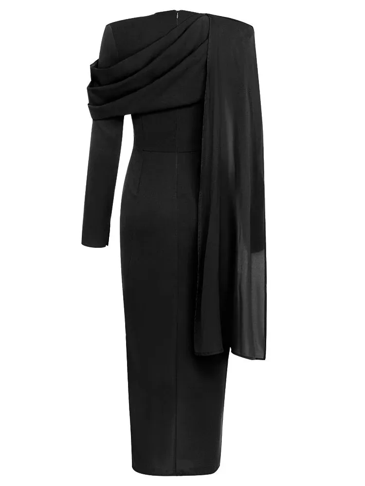 Solid Spliced Button Elegant Dresses For Women Scarf Collar Long Sleeve High Waist Slimming Designer Dress Female