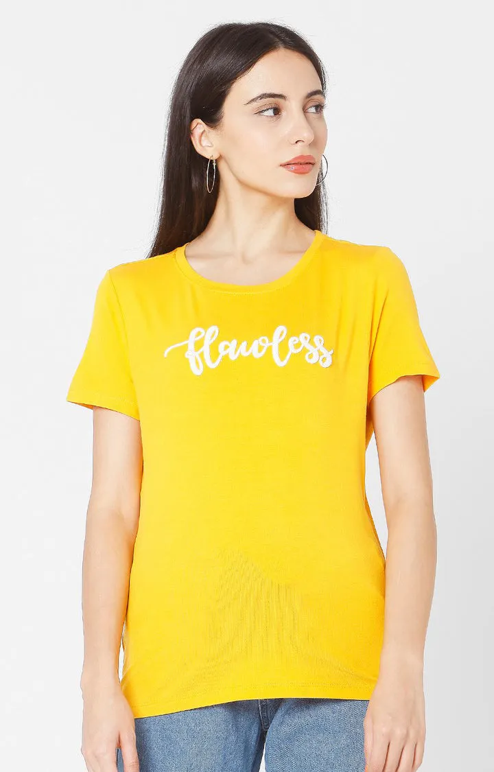 Spykar Women Yellow Cotton Slim Fit Round Neck T-Shirt