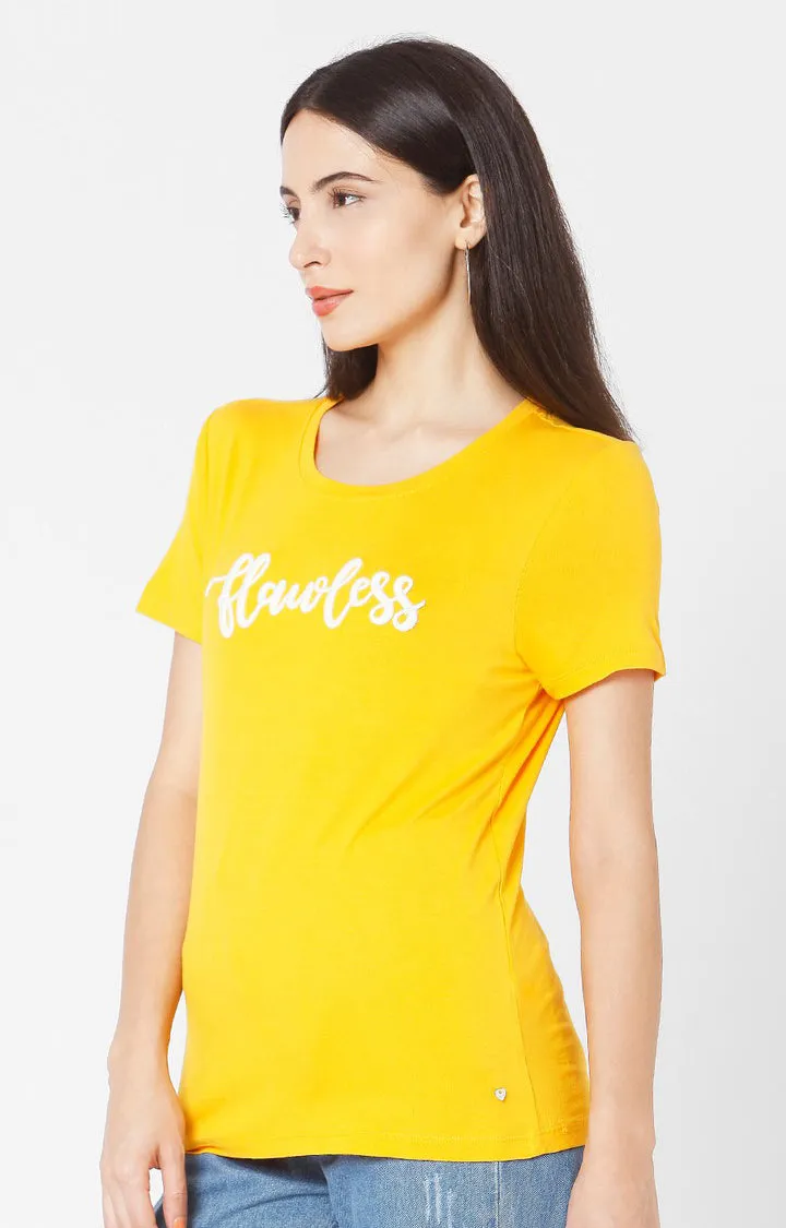 Spykar Women Yellow Cotton Slim Fit Round Neck T-Shirt