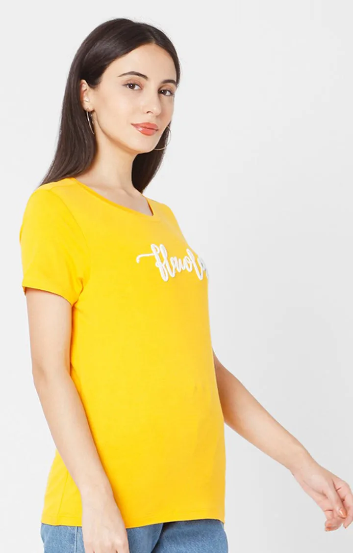 Spykar Women Yellow Cotton Slim Fit Round Neck T-Shirt