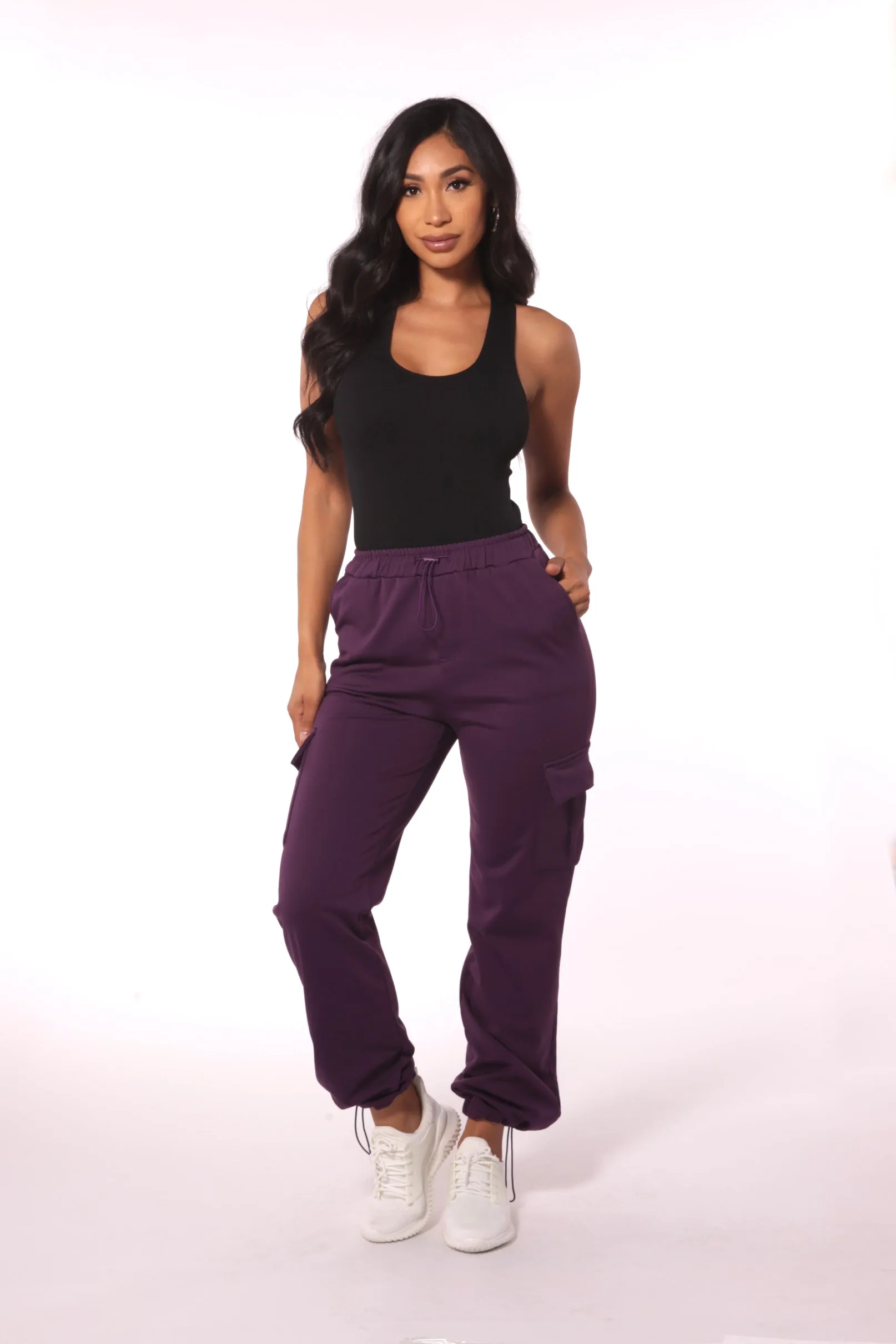 Straight Leg Cargo Pants With Bungee Cord Ties - Purple