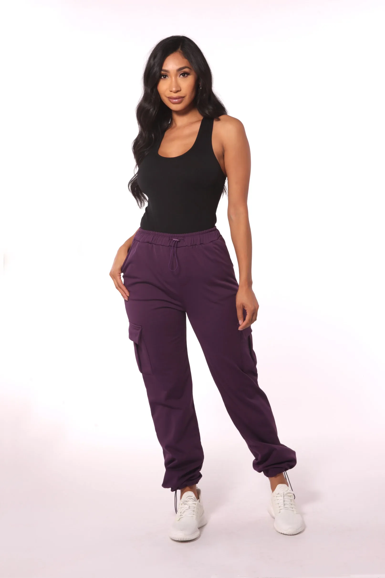 Straight Leg Cargo Pants With Bungee Cord Ties - Purple