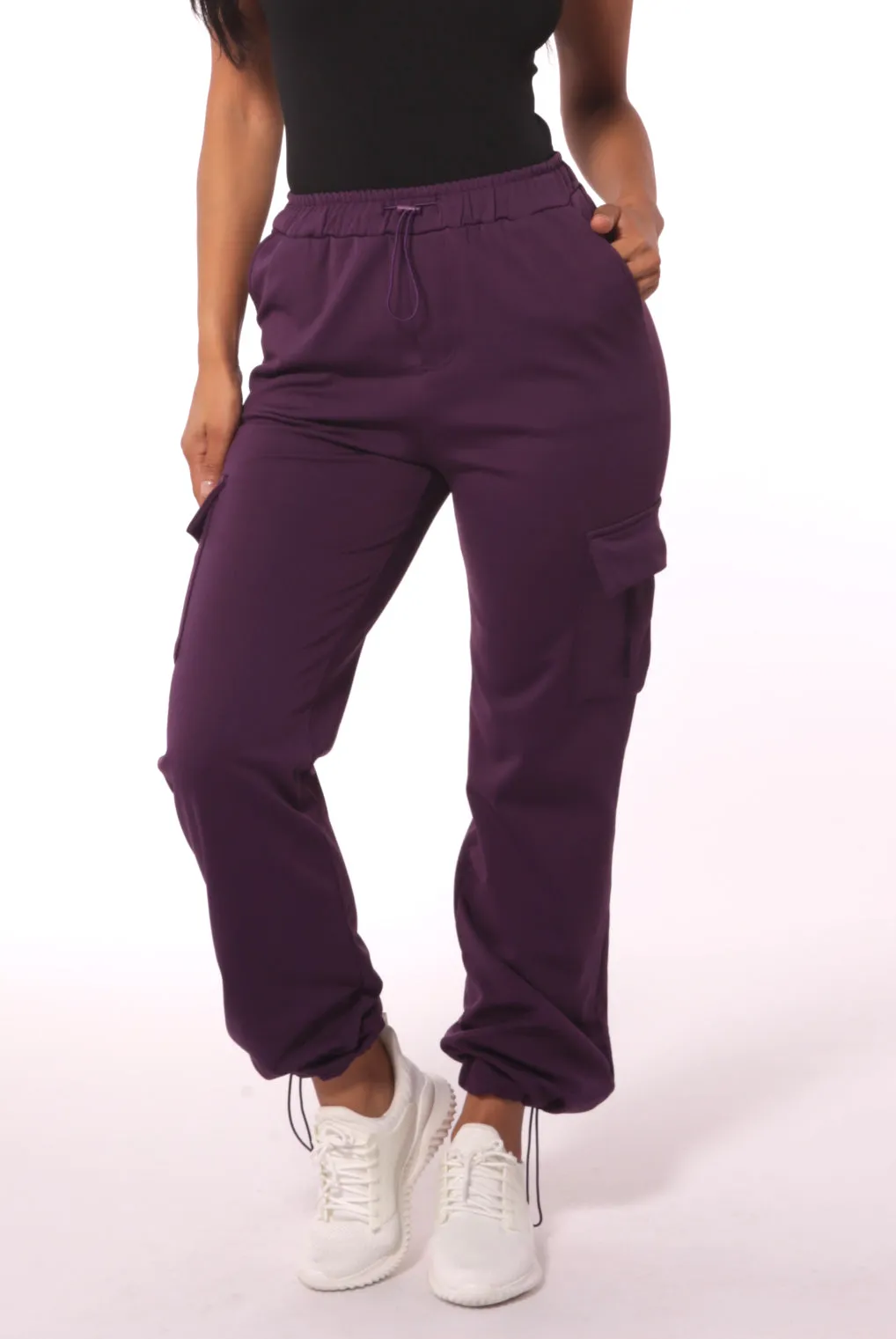 Straight Leg Cargo Pants With Bungee Cord Ties - Purple