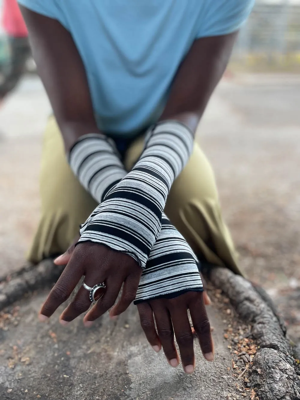 Striped Black White Fingerless Gloves