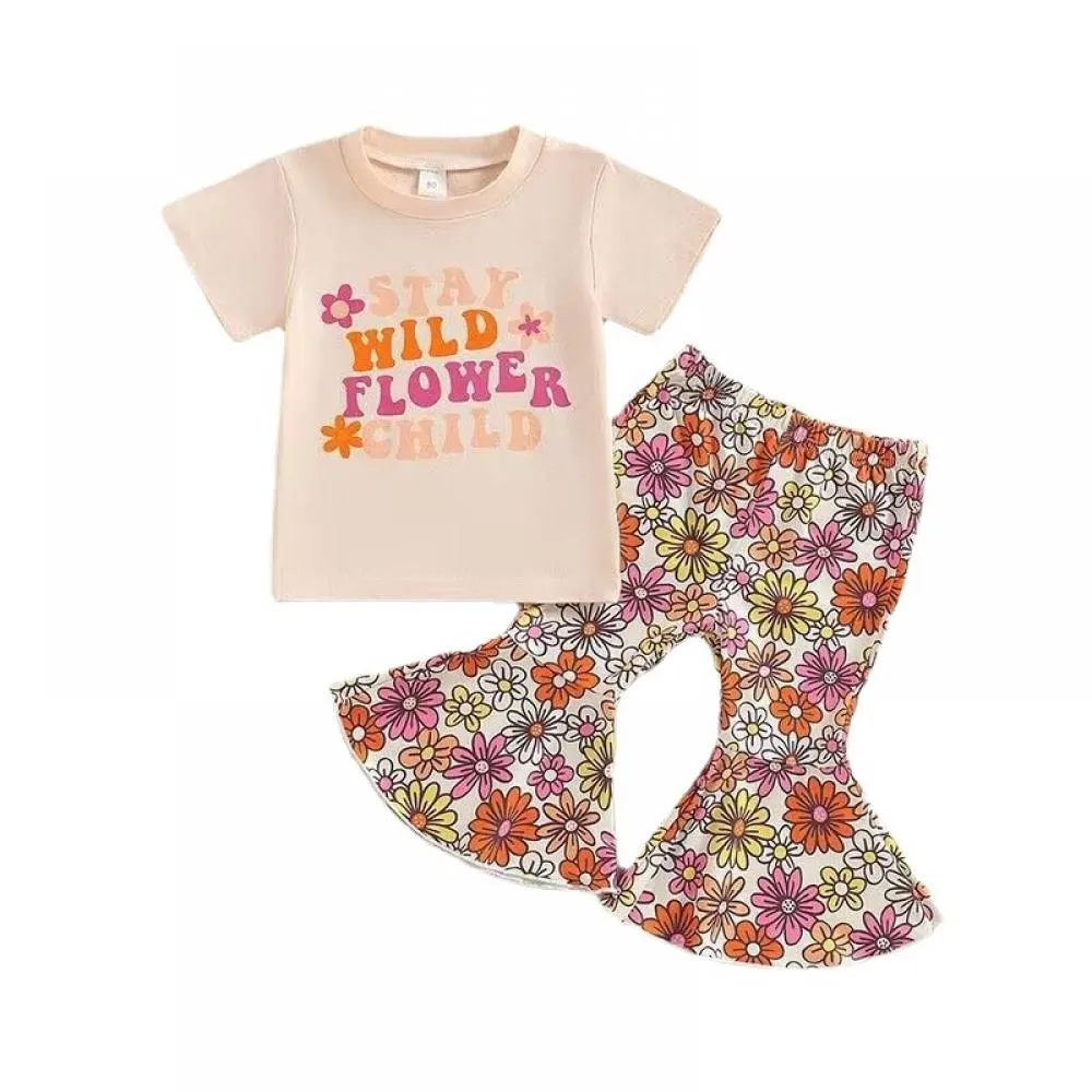 Summer Girls Letter Short Sleeve T-shirt Flared Pants Two-piece Set Wholesale Girls Clothes