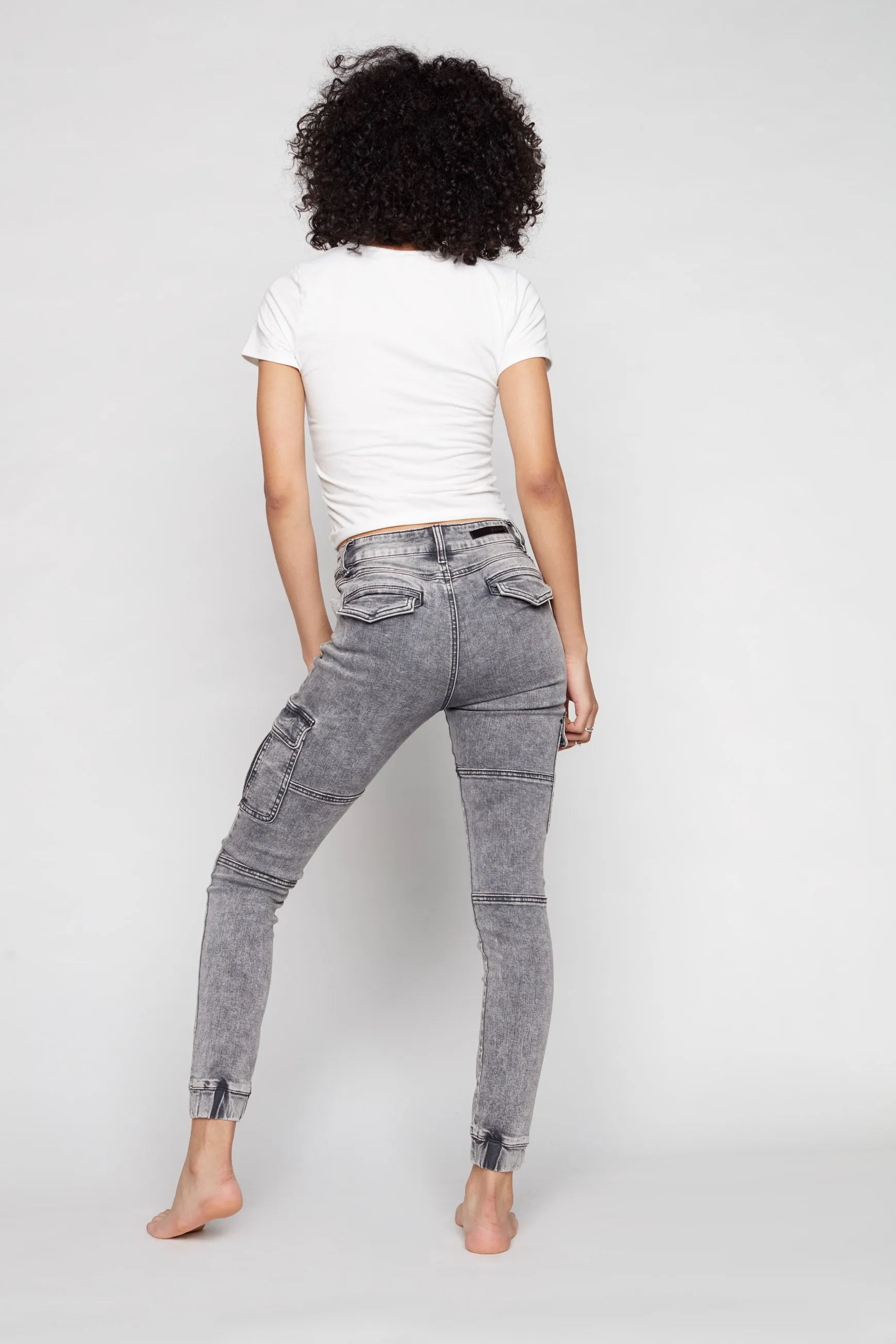 TARA - Ladies Cargo Jogger - Dark Grey Acid Wash