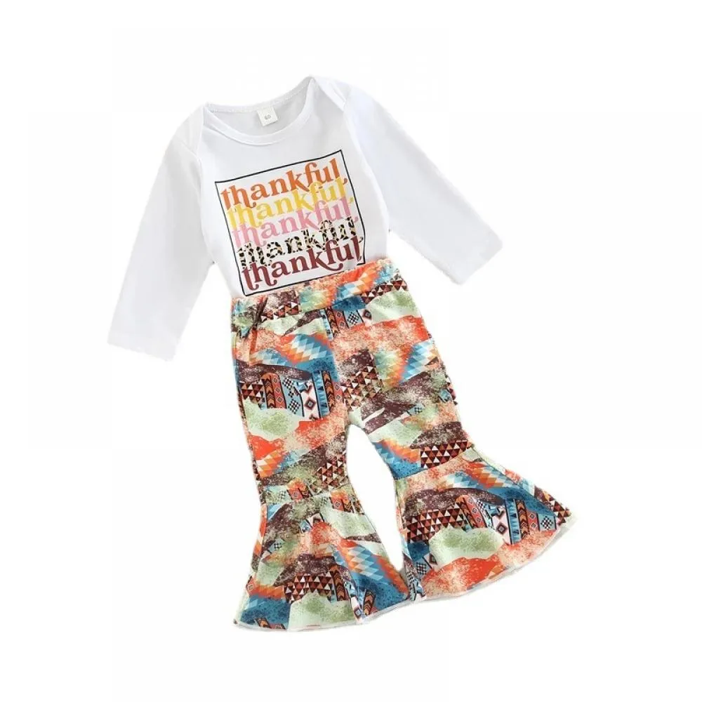 Thanksgiving Set Baby Letter Print Flared Trousers Headgear Three-Piece Set Wholesale Baby Clothes