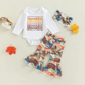 Thanksgiving Set Baby Letter Print Flared Trousers Headgear Three-Piece Set Wholesale Baby Clothes