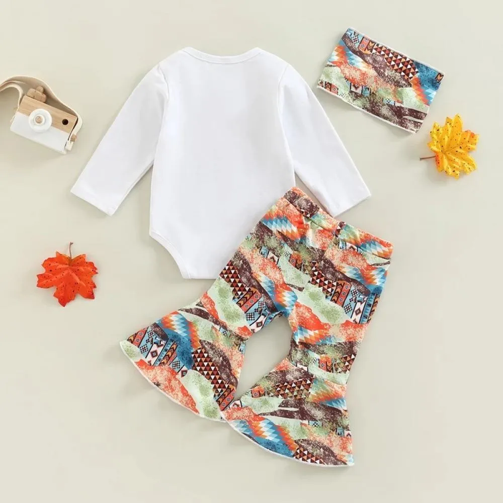 Thanksgiving Set Baby Letter Print Flared Trousers Headgear Three-Piece Set Wholesale Baby Clothes