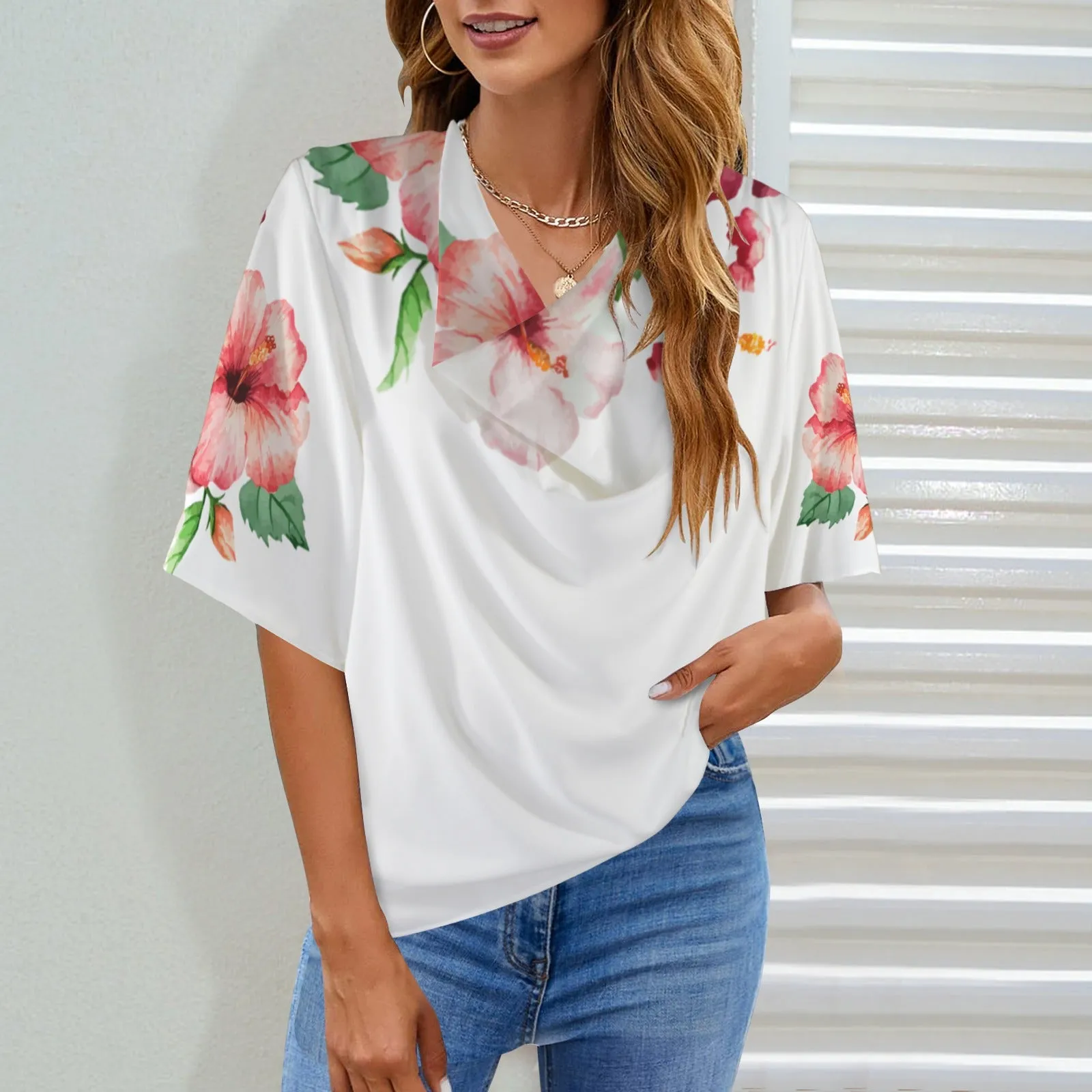 TRP Floral Print 03 Designer Draped Neck Flare Sleeve Blouse