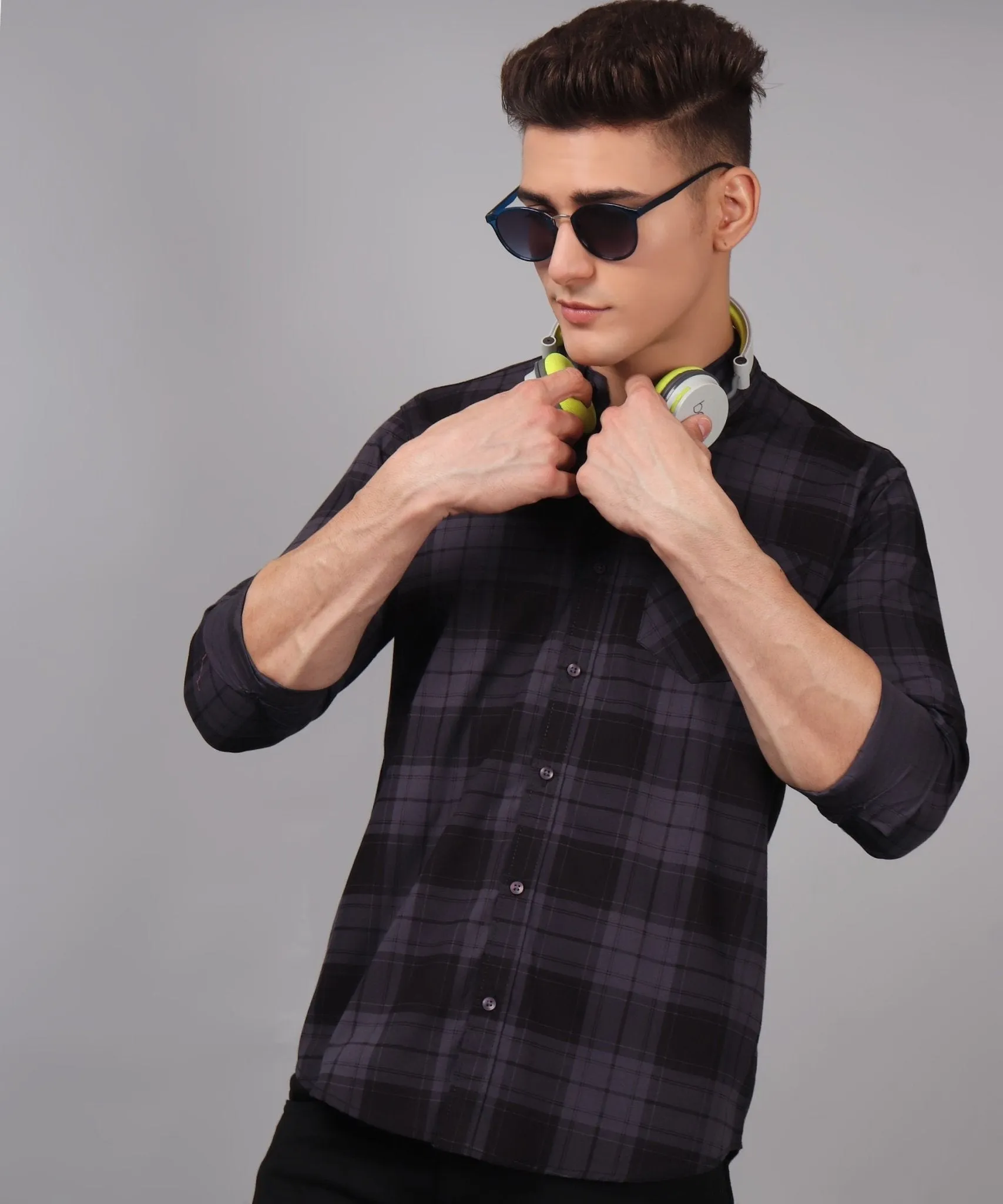 TryBuy Premium Grey Black Checks Cotton Button-Up Shirt For Men