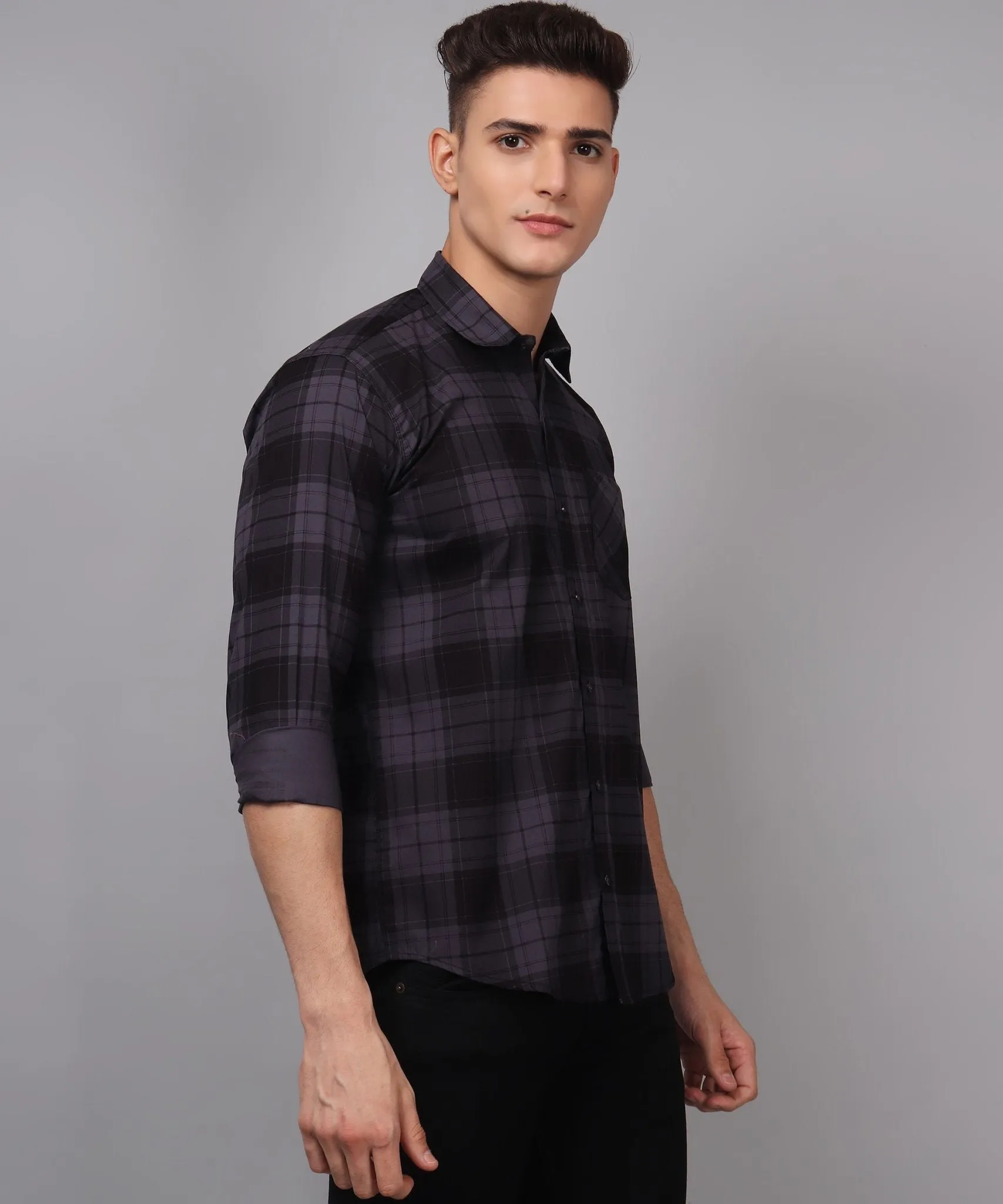 TryBuy Premium Grey Black Checks Cotton Button-Up Shirt For Men