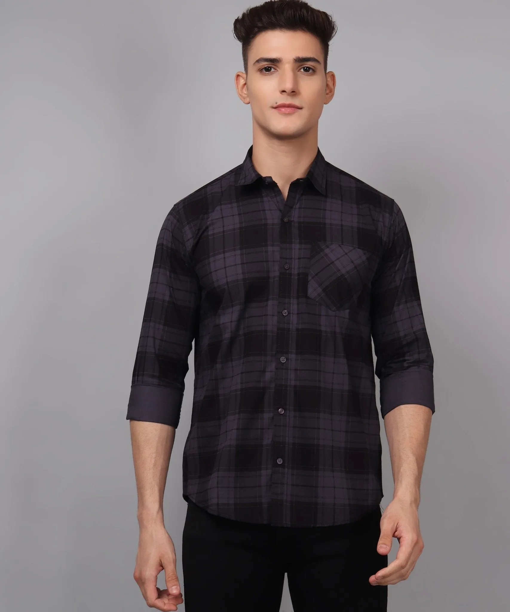 TryBuy Premium Grey Black Checks Cotton Button-Up Shirt For Men