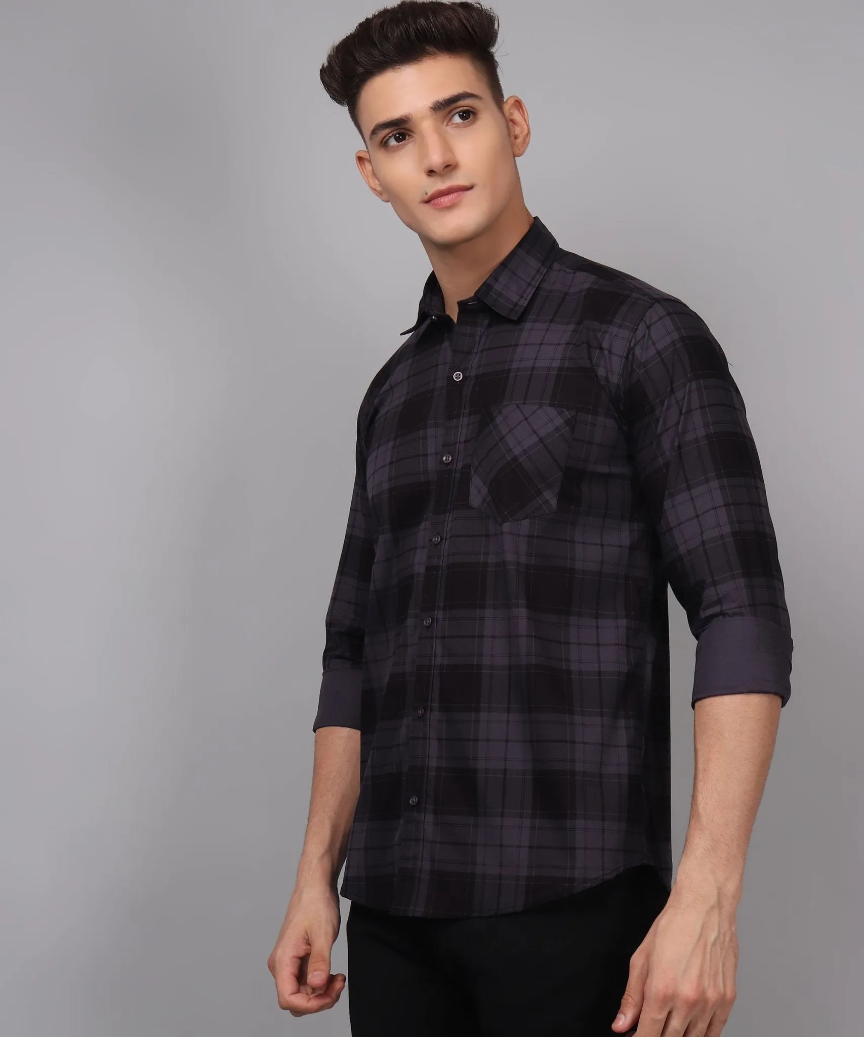 TryBuy Premium Grey Black Checks Cotton Button-Up Shirt For Men