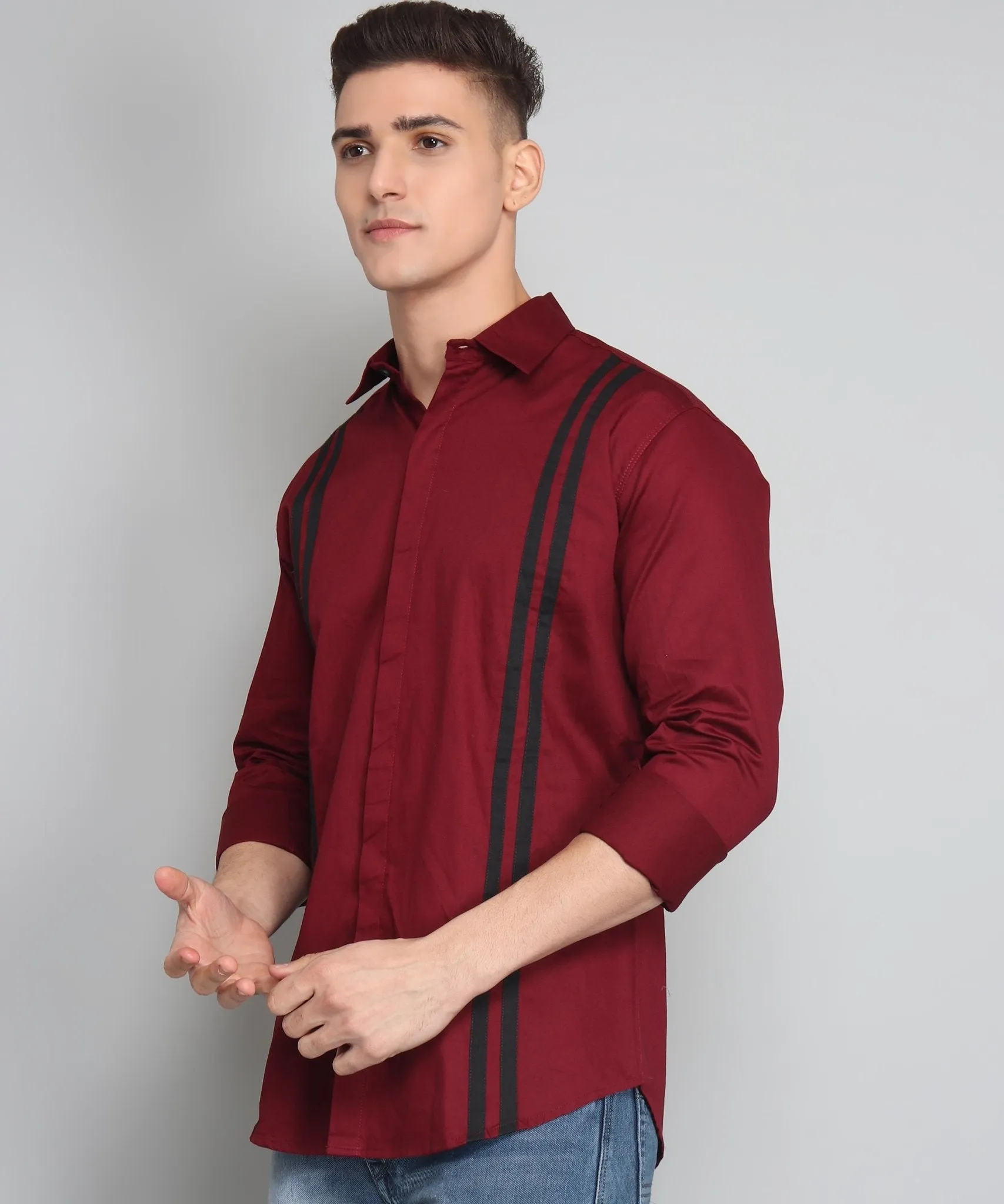 TryBuy Premium Maroon Colored Black Striped Cotton Button-Up Shirt For Men