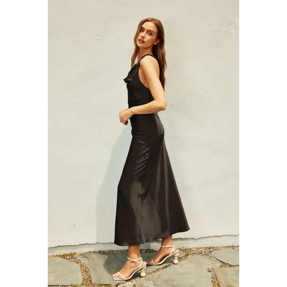 Twist Cowl Back Satin Maxi Dress | Black