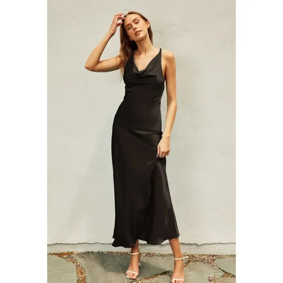 Twist Cowl Back Satin Maxi Dress | Black