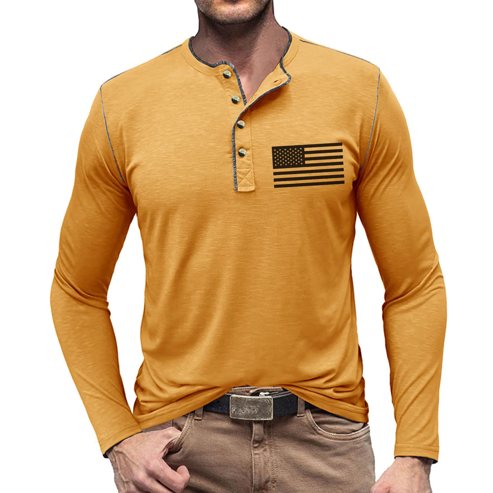 USA FLAG SLUB COTTON 1/4 BUTTON HENLEY SHIRT