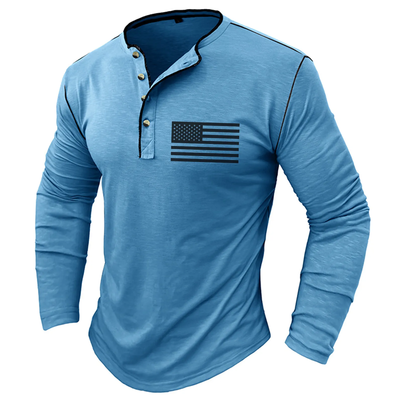 USA FLAG SLUB COTTON 1/4 BUTTON HENLEY SHIRT