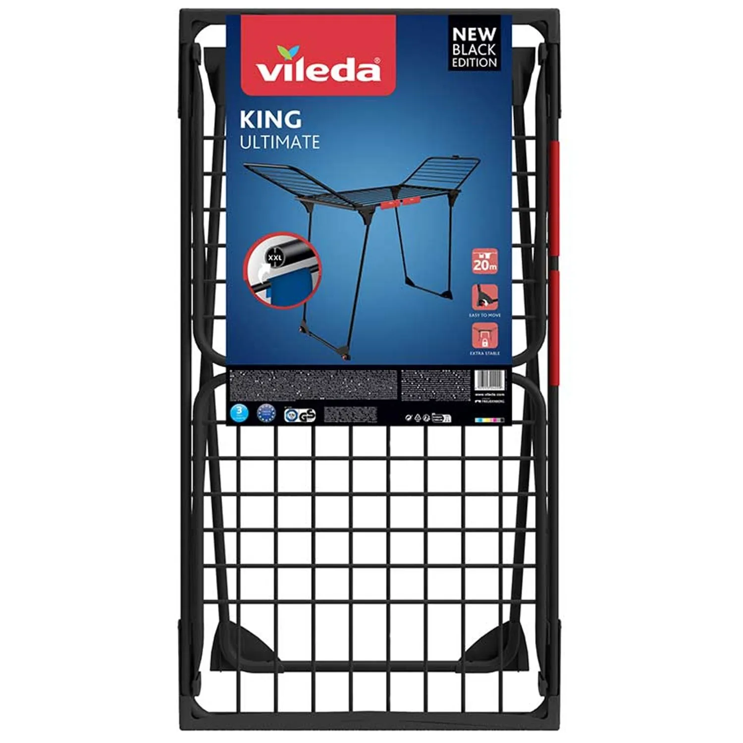 Vileda King Ultimate Clothes Airer Laundry Drying Rack - 20m XXL Links Black - Wheels - Wing Lock - 2 Underwear Holders