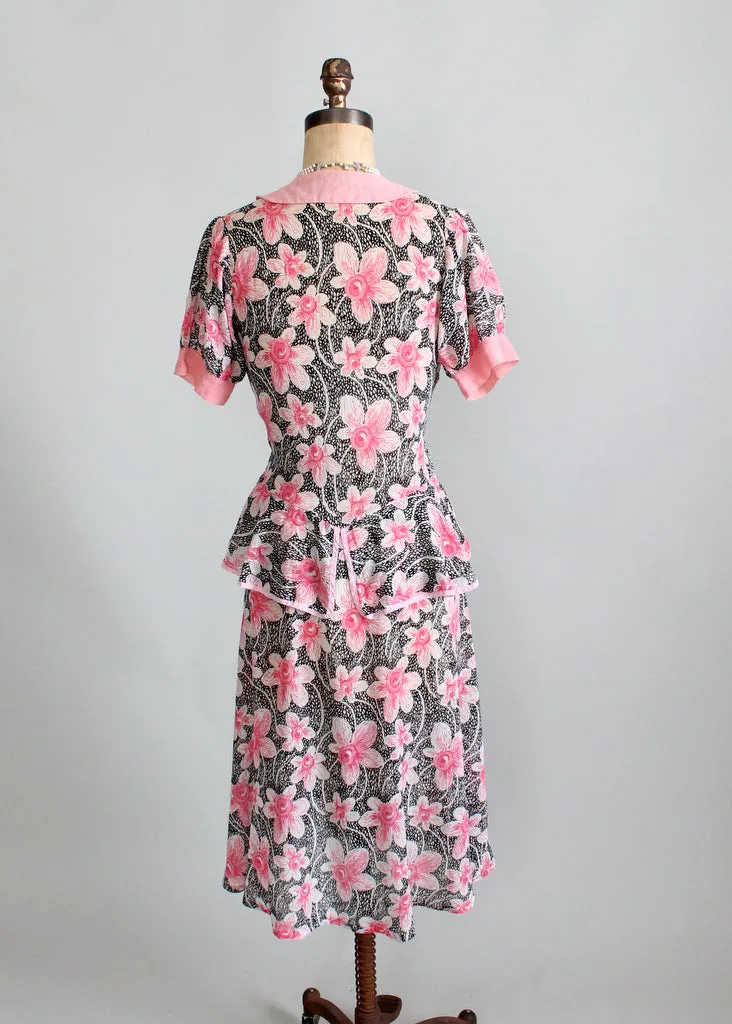 Vintage 1930s Pink and Black Floral Peplum Dress