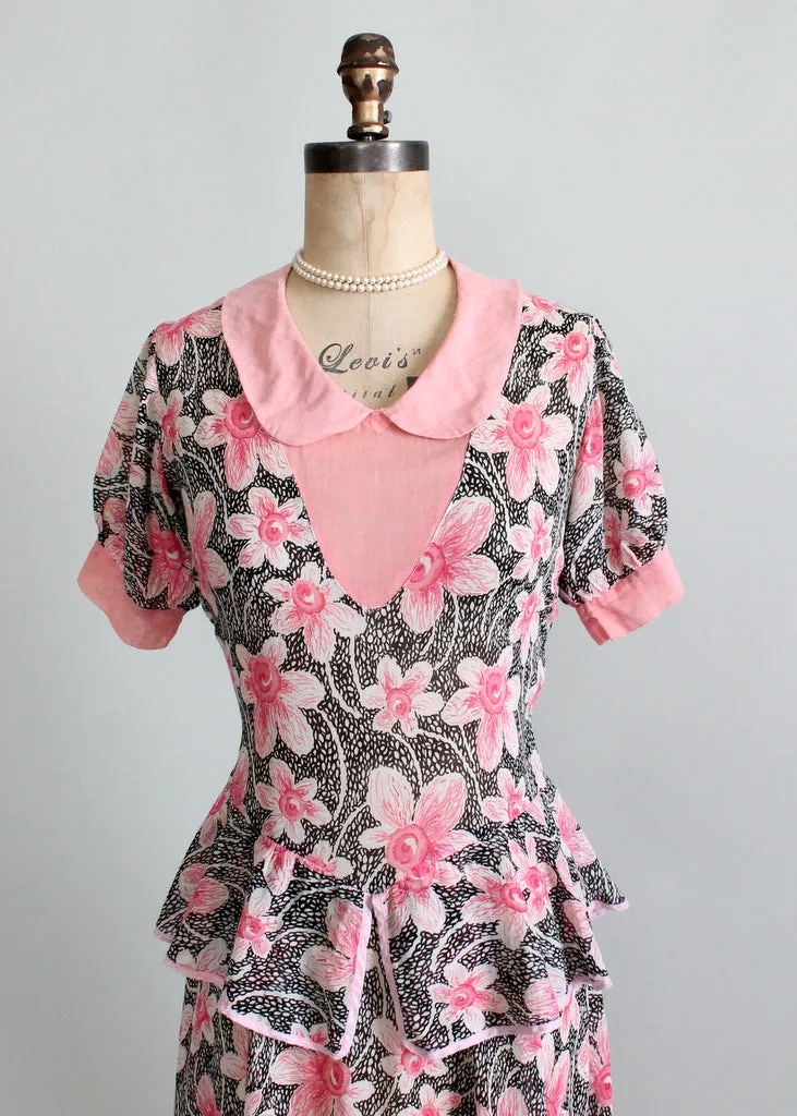 Vintage 1930s Pink and Black Floral Peplum Dress