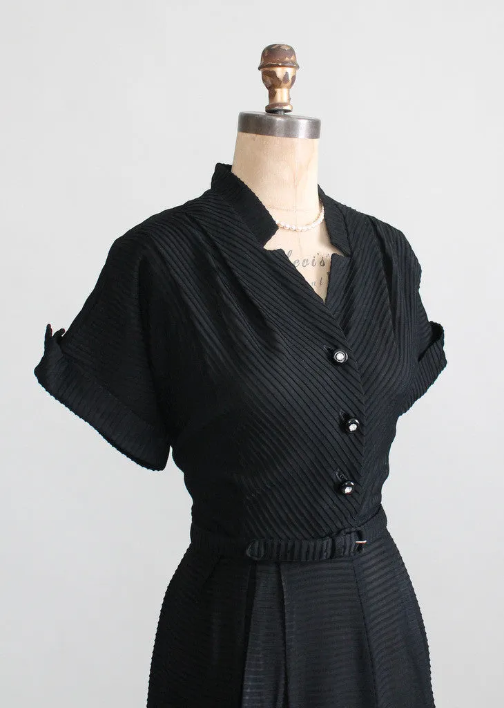 Vintage Early 1950s Black Rayon Pintuck Dress