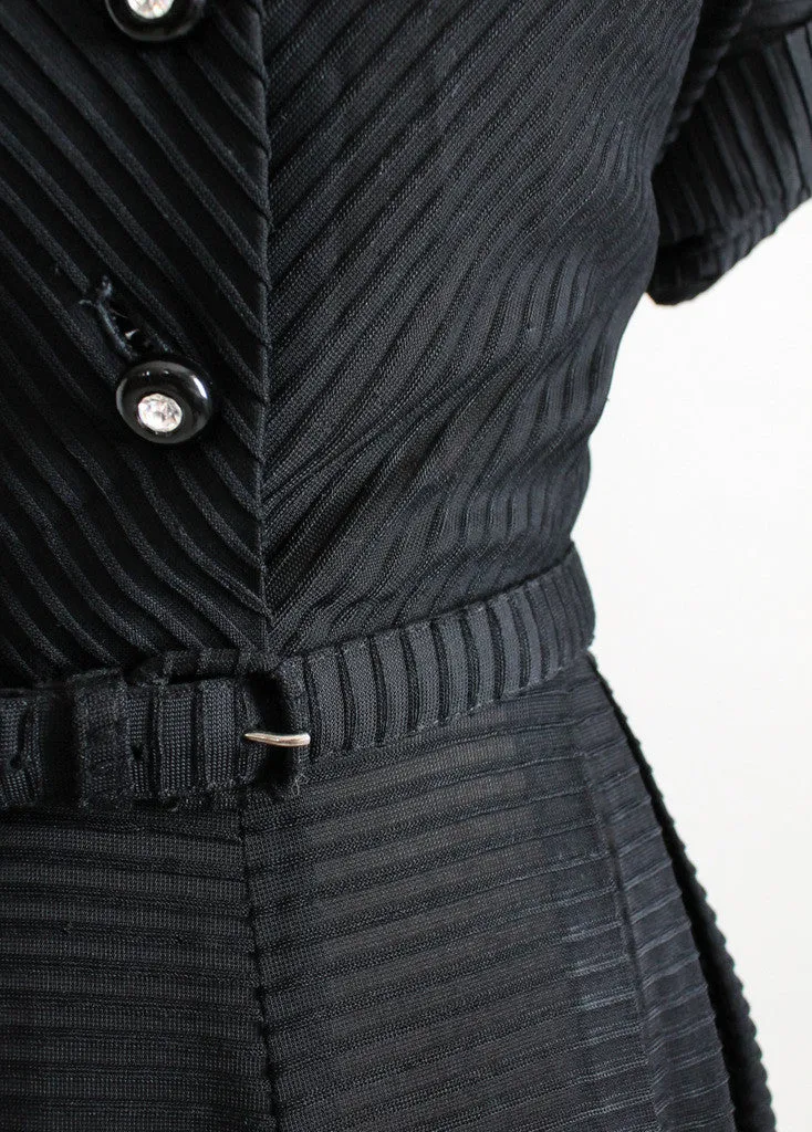 Vintage Early 1950s Black Rayon Pintuck Dress