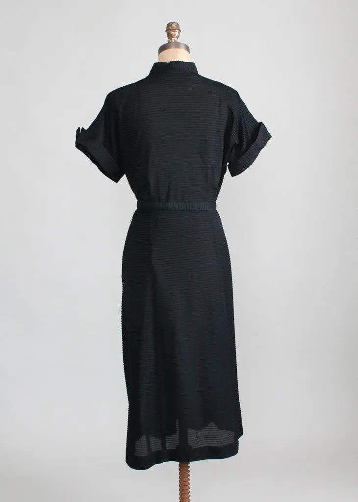 Vintage Early 1950s Black Rayon Pintuck Dress