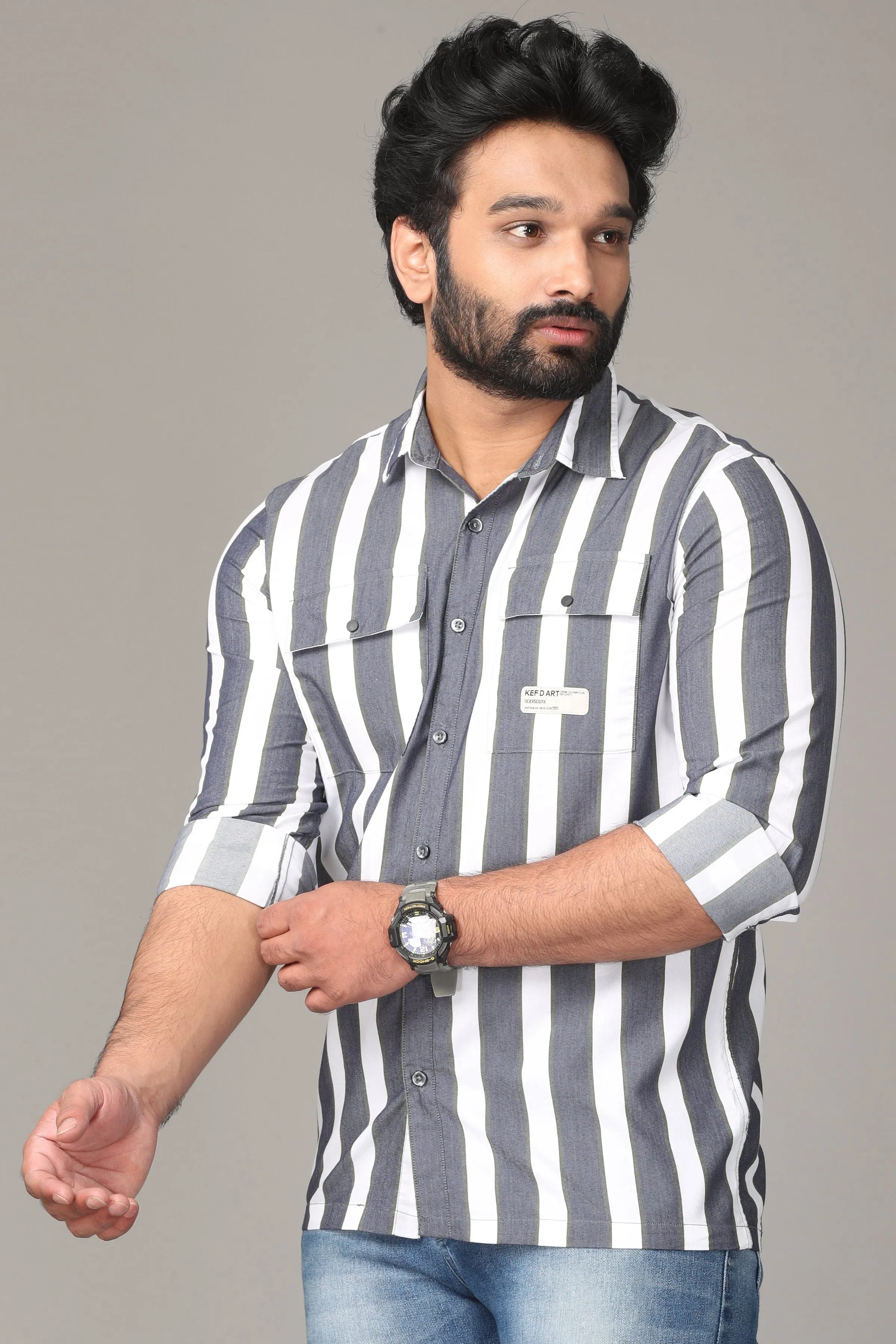 White and Grey Striped Full Sleeve Shirt