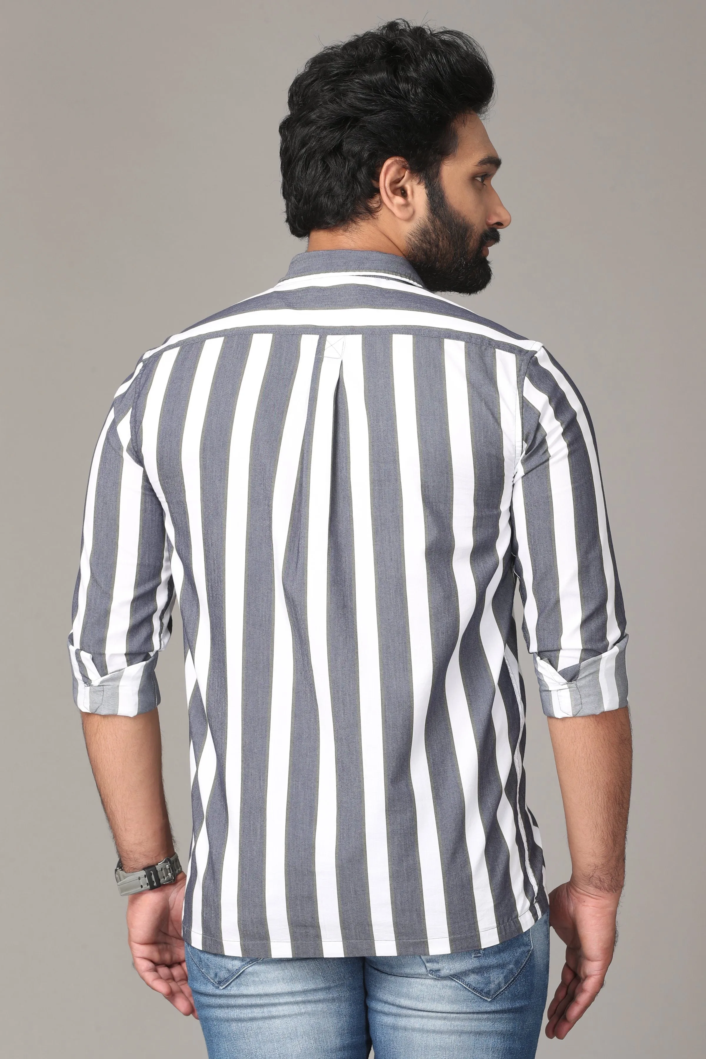 White and Grey Striped Full Sleeve Shirt