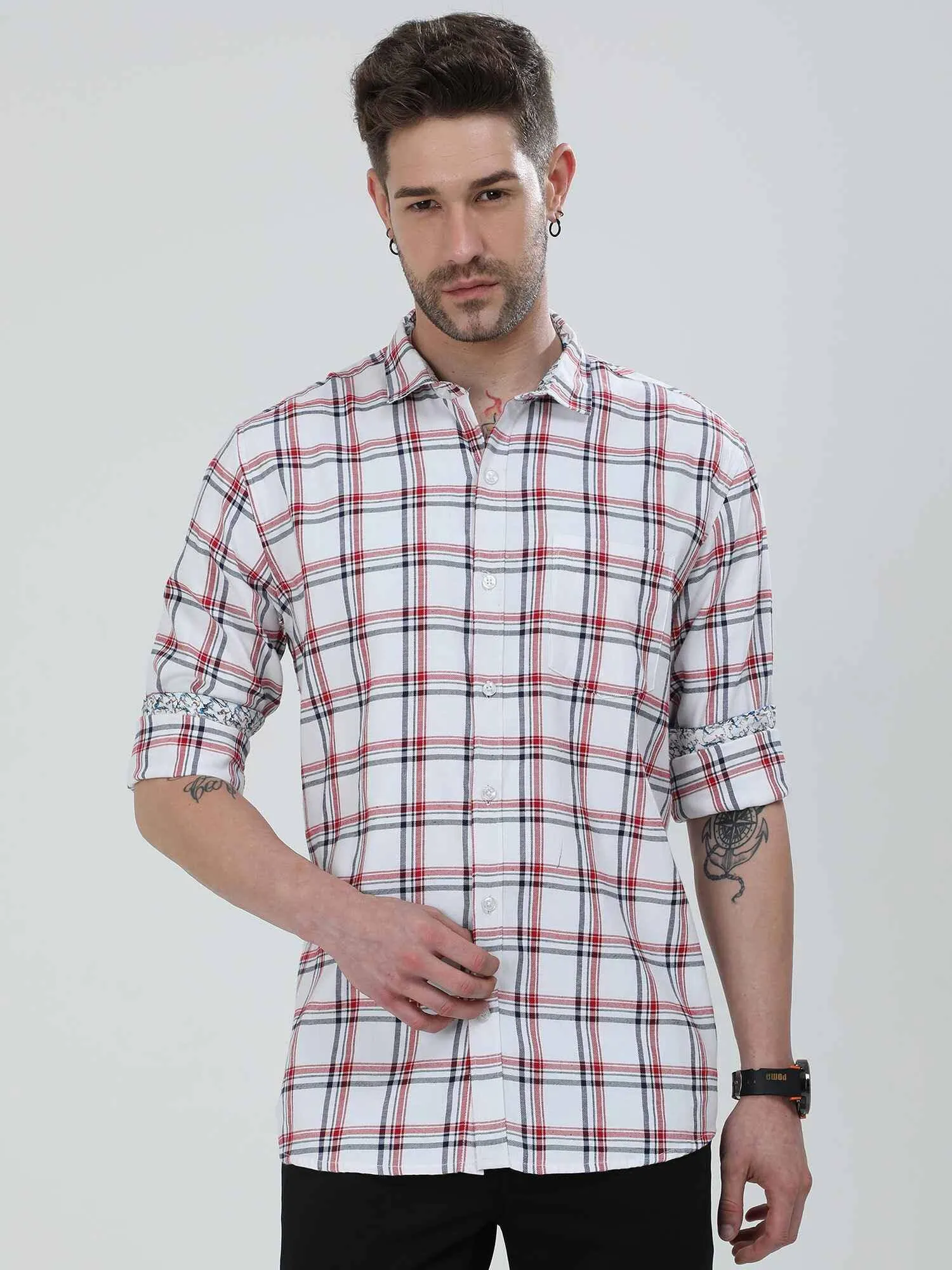 White and Red Checkered Cotton Shirt