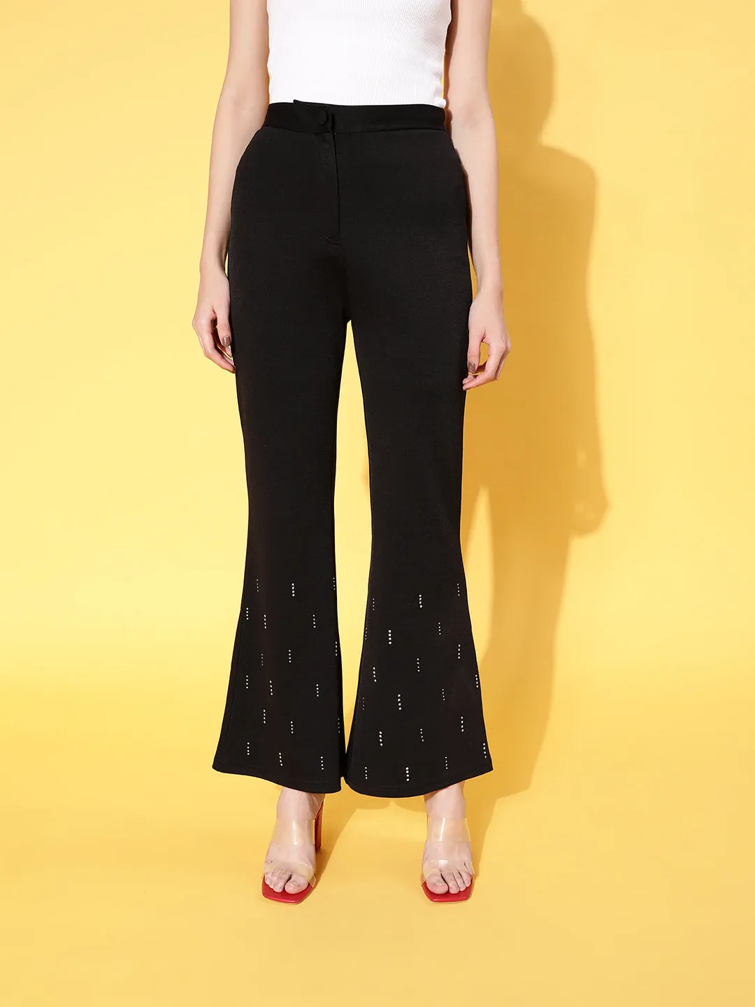 Women Black Studded Bellbottom Pants