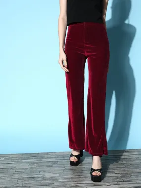 Women Burgundy Velvet Bell Bottom Pants