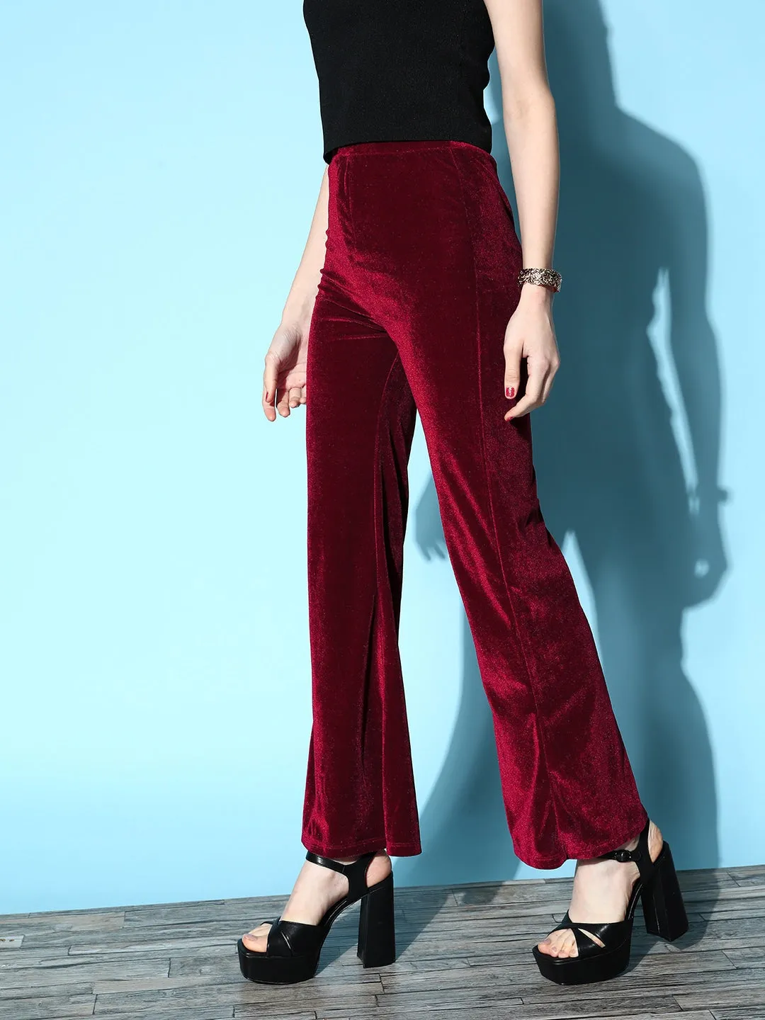 Women Burgundy Velvet Bell Bottom Pants