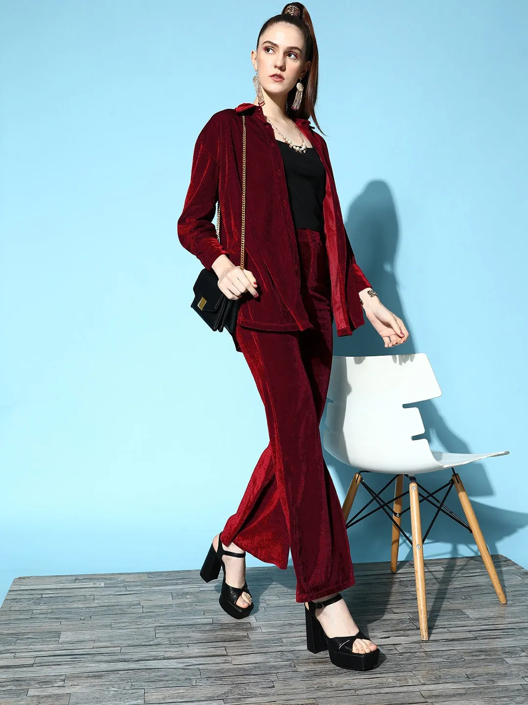 Women Burgundy Velvet Bell Bottom Pants