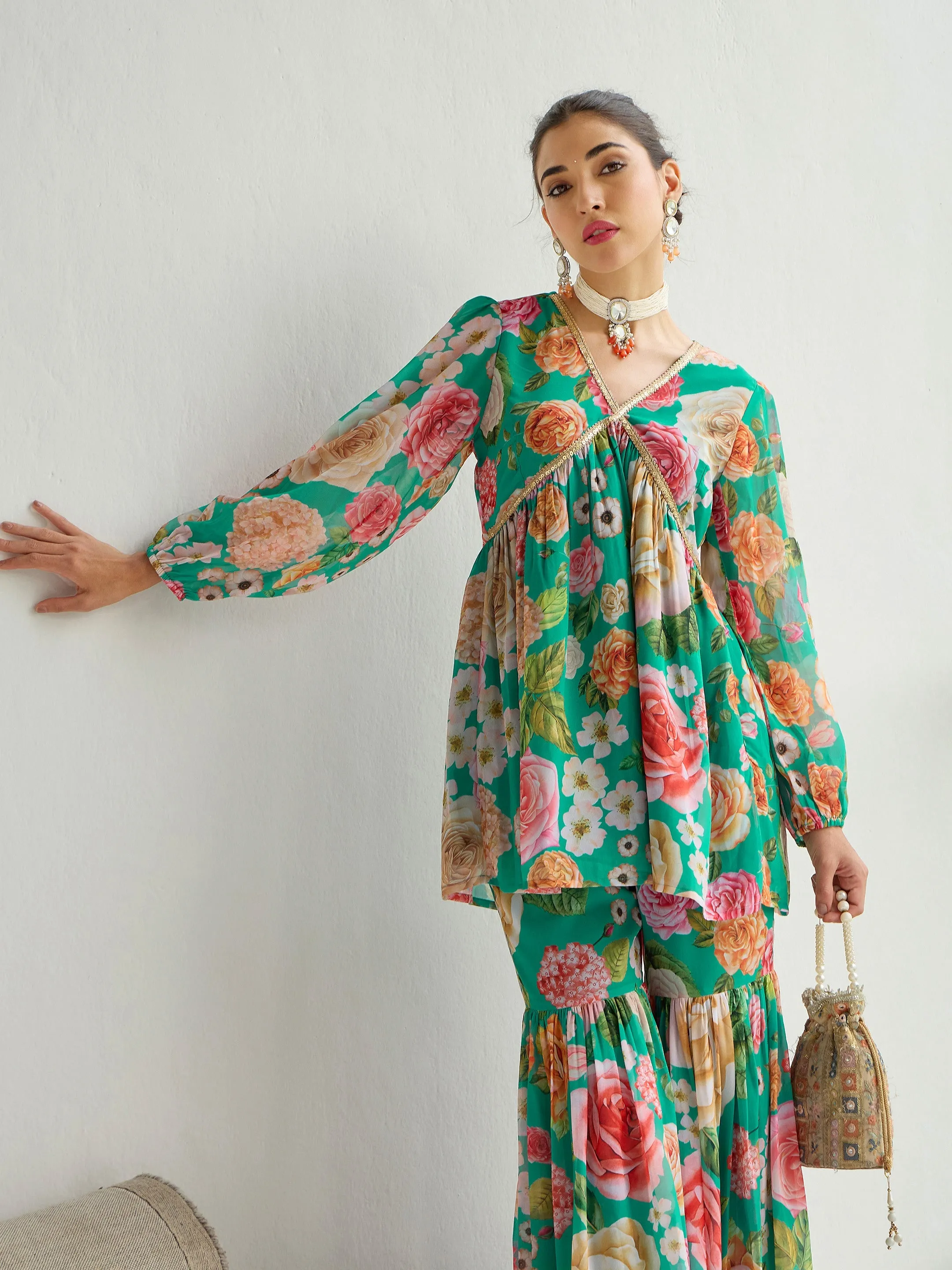 Women Green Floral Peplum Top With Sharara Pants