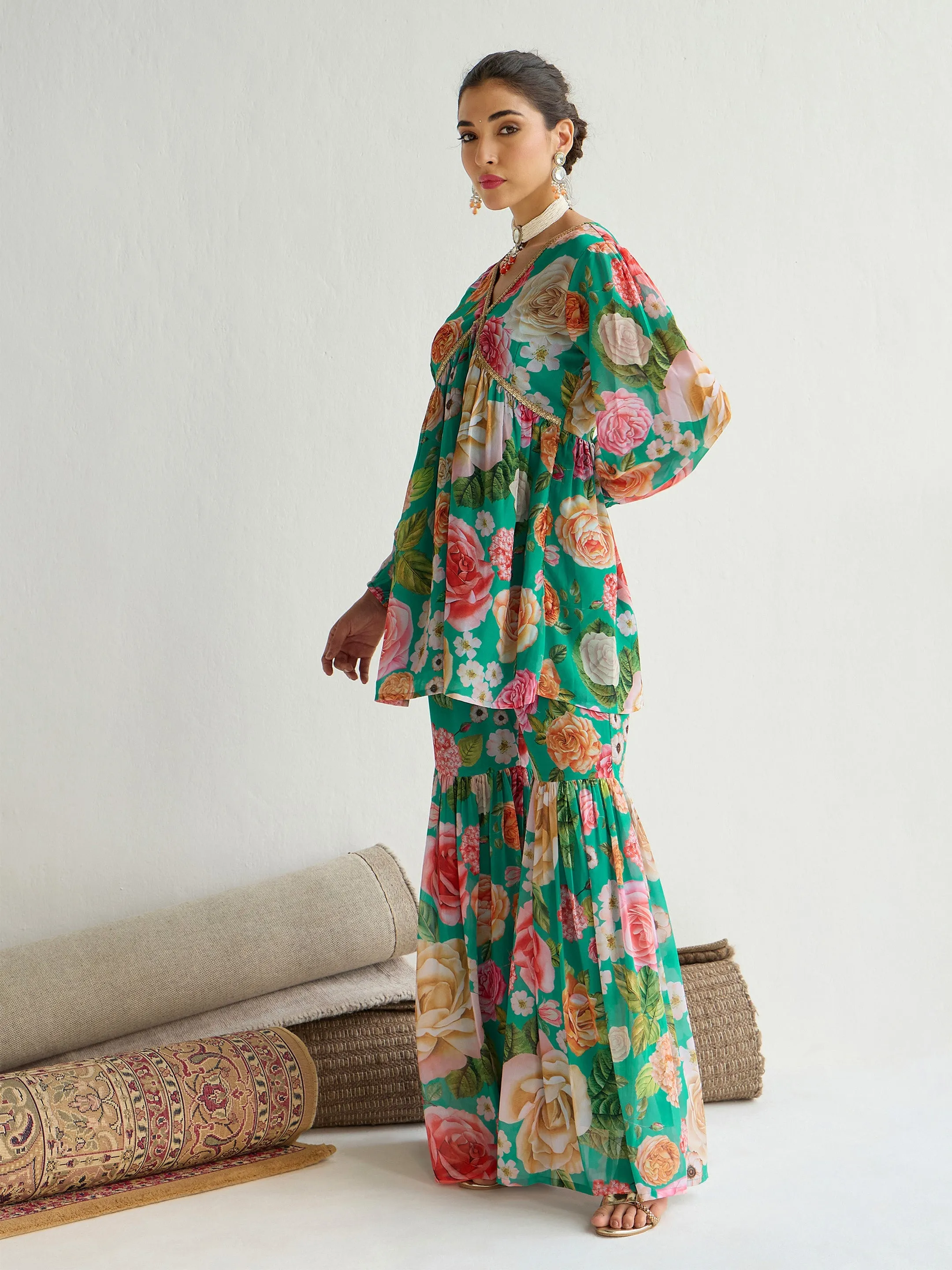 Women Green Floral Peplum Top With Sharara Pants