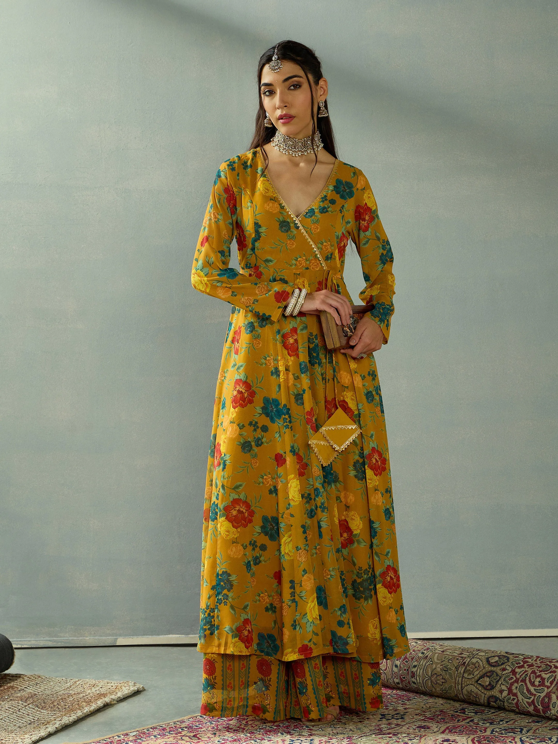 Women Mustard Floral Wrap Anarkali Kurta With Straight Pants