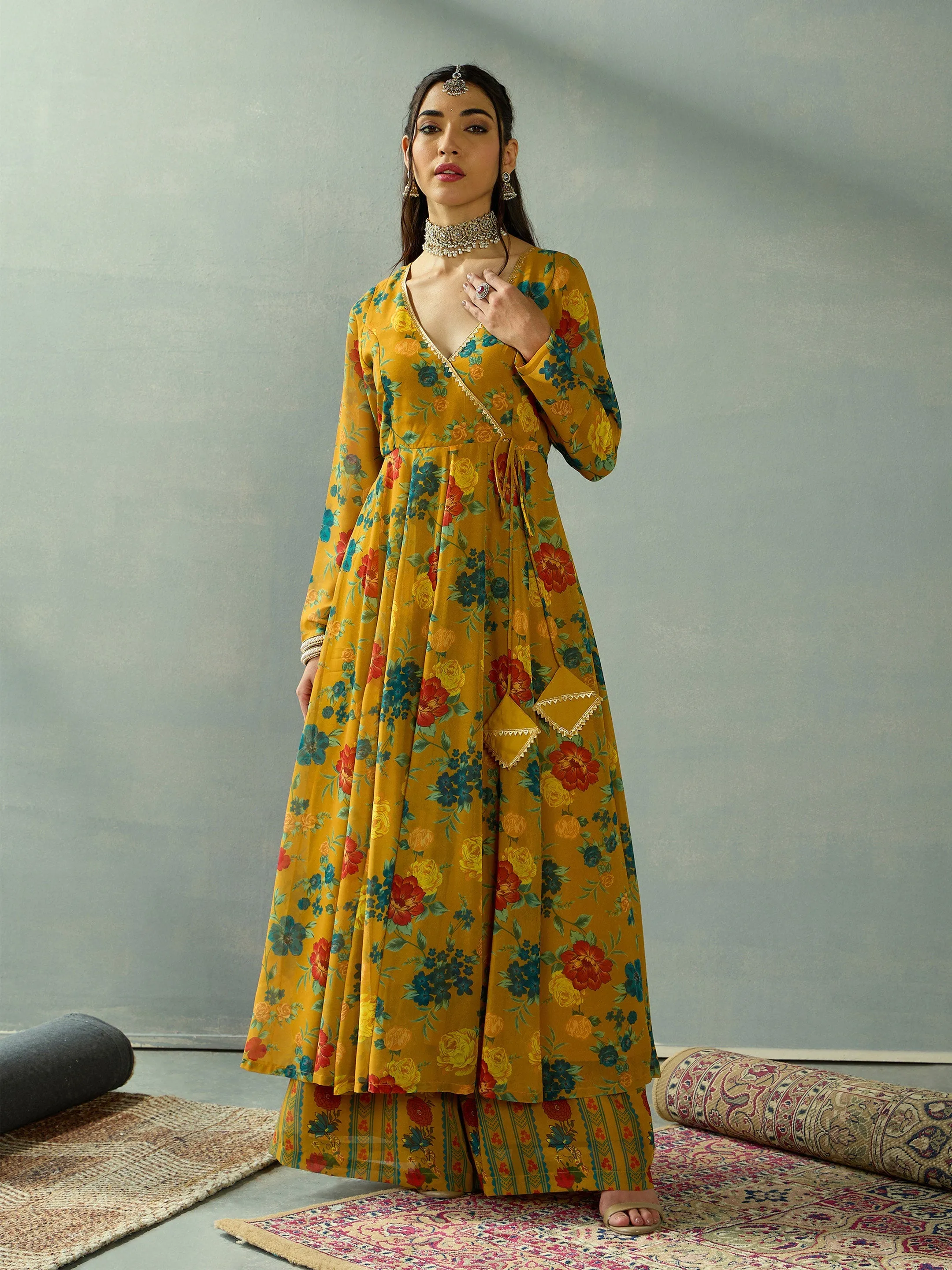 Women Mustard Floral Wrap Anarkali Kurta With Straight Pants